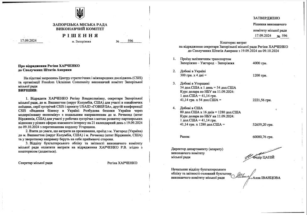 Відрядження секретаря Запорізької міської ради до США: скільки обійшлося бюджету та мета поїздки